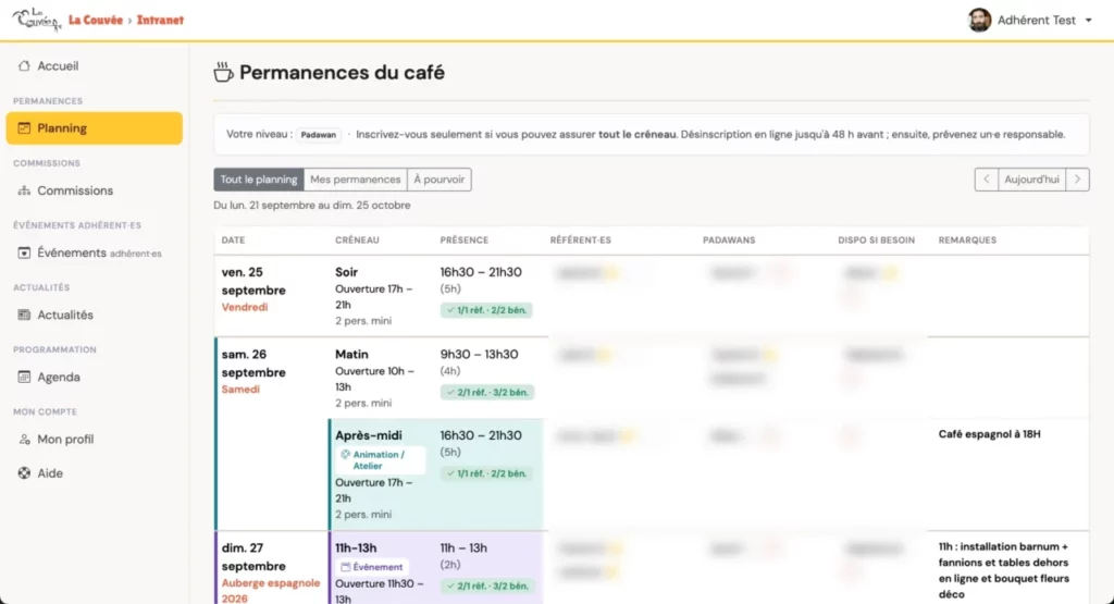 Planning des permanences du café : une ligne par créneau, avec les places de référent·es, de padawans et de dispo si besoin.