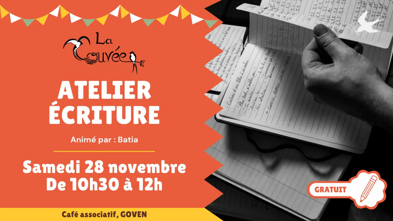 Affiche de l’atelier d’écriture animé par Batia, samedi 28 novembre de 10 h 30 à 12 h, au café associatif La Couvée à Goven. Gratuit.